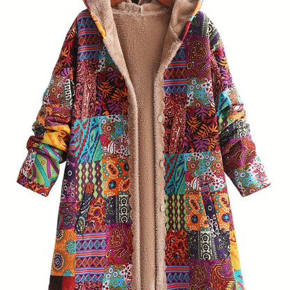 Effortless Patchwork Print Fleece Lined Coat for Women with Hooded Long Sleeve Button Front Oversized Bohemian Style