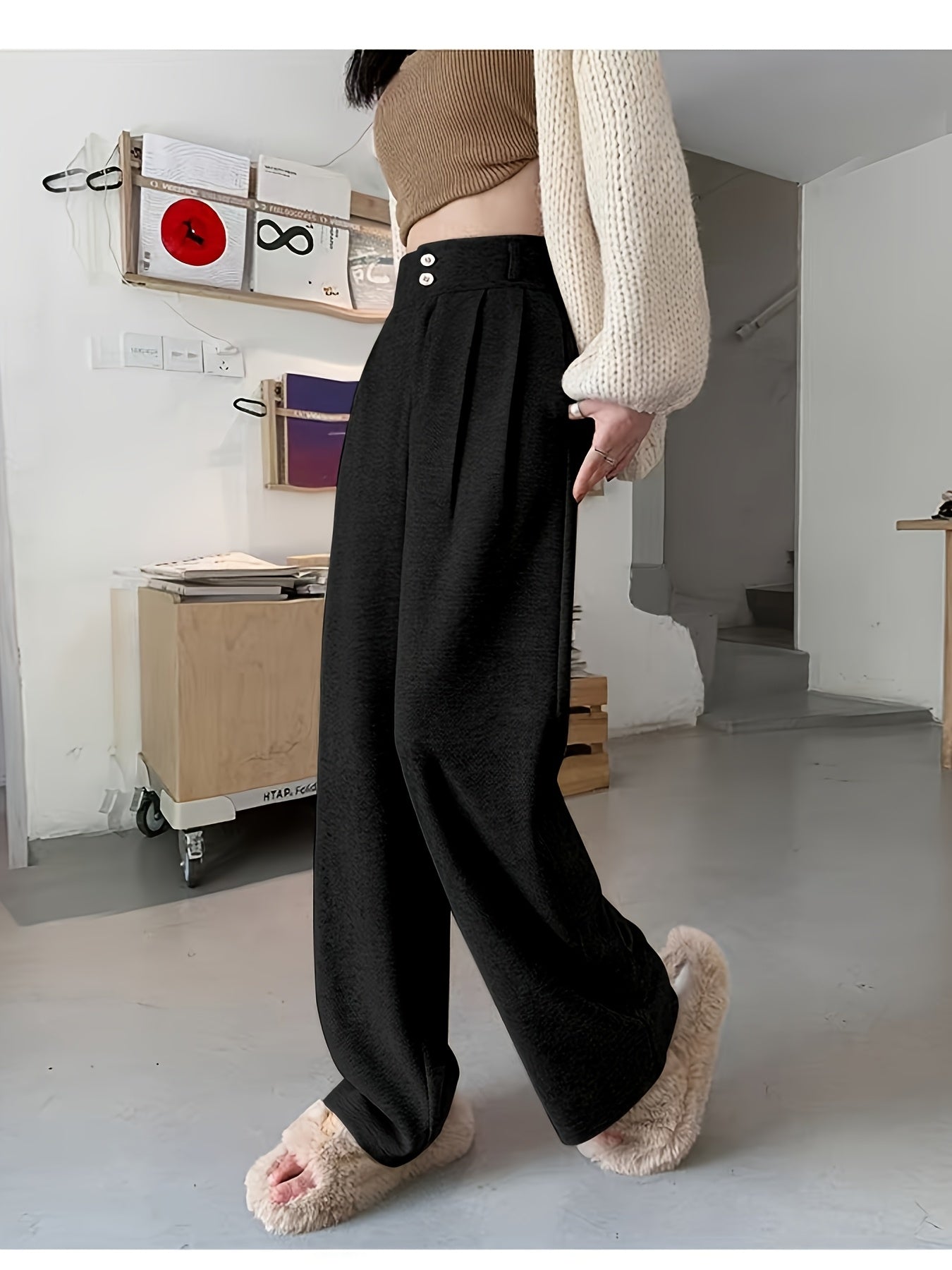 Elegant Herringbone Wide Leg Pants for Women with High Waist Button Front Pleated Tailored Style