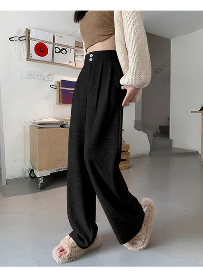 Elegant Herringbone Wide Leg Pants for Women with High Waist Button Front Pleated Tailored Style