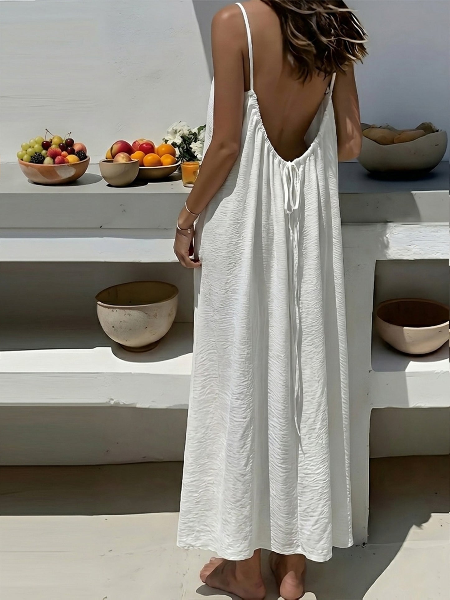 Effortless Textured Maxi Dress for Women with Backless Spaghetti Strap Drawstring Flowing Bohemian Style