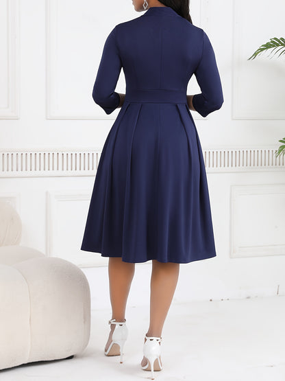 Elegant Bow Tie Midi Dress for Women with Stand Collar Elbow Sleeve Pleated Fit and Flare Style