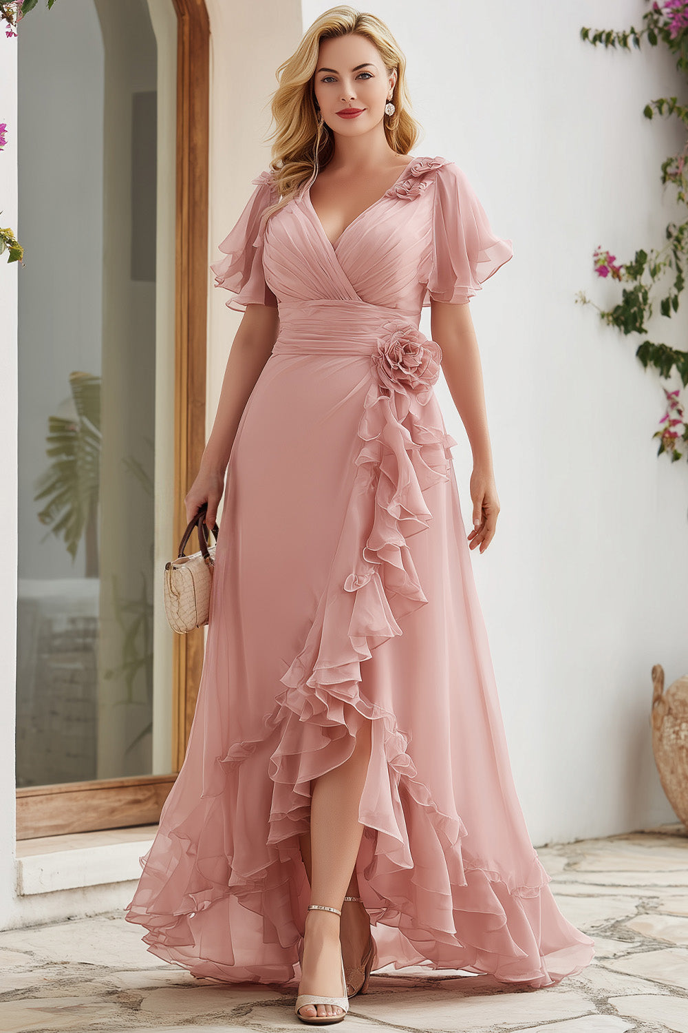 Elegant Blush Pink Chiffon Maxi Dress for Women with V Neck Flutter Sleeve Ruffle Cascade Wedding Guest Style