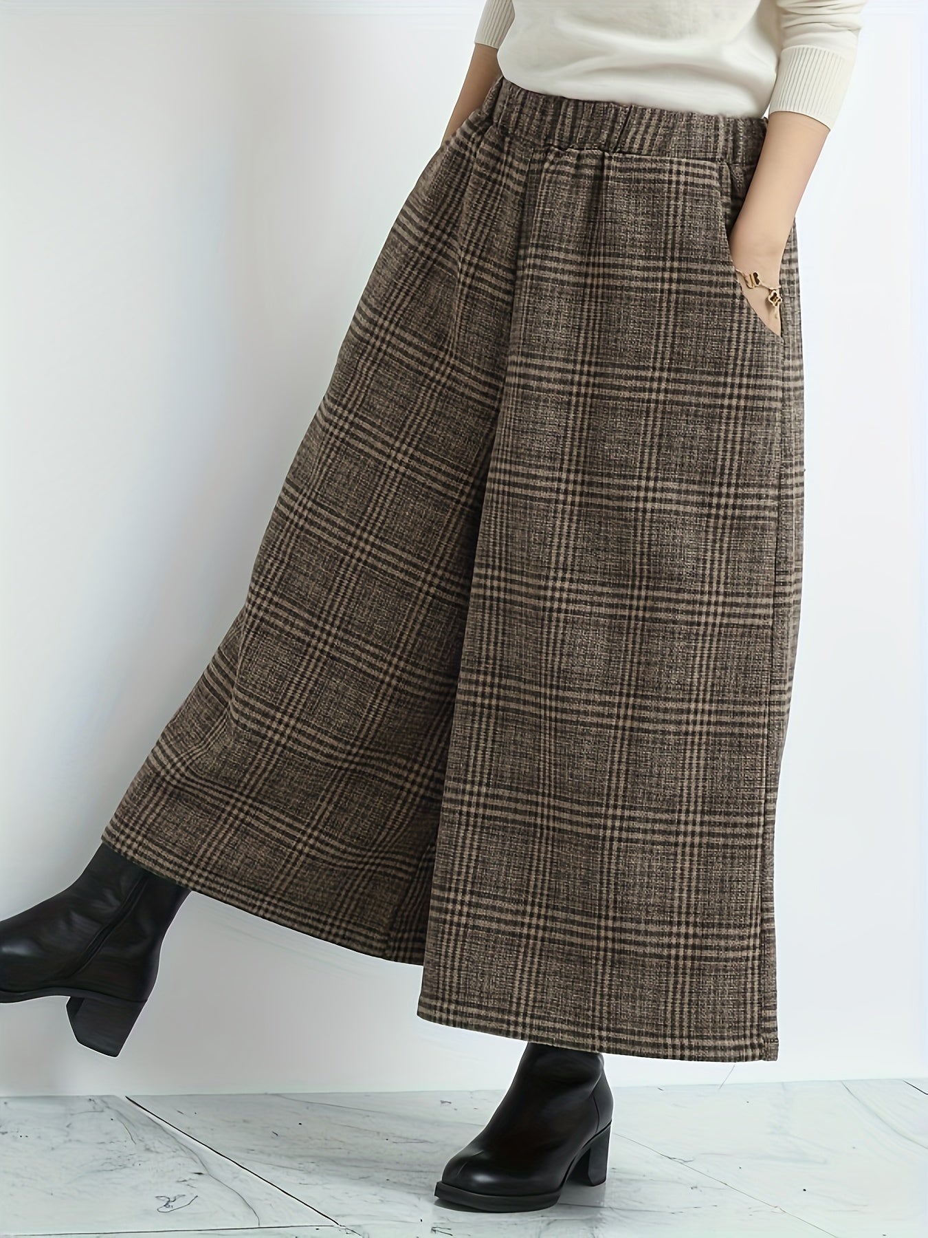 Effortless Plaid Wide Leg Culotte for Women with High Waist Elastic Cropped Relaxed Casual Style