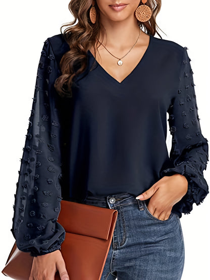 Effortless Swiss Dot Blouse for Women with V Neck Bishop Sleeve Textured Chiffon Casual Style