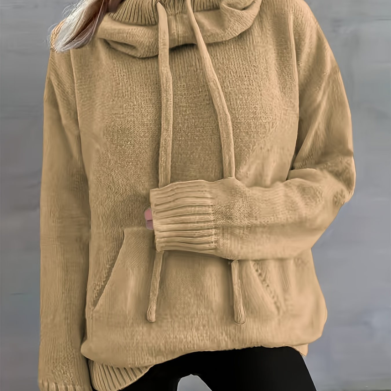 Comfortable Knit Sweater for Women with Cowl Neck Long Sleeve Drawstring Oversized Style