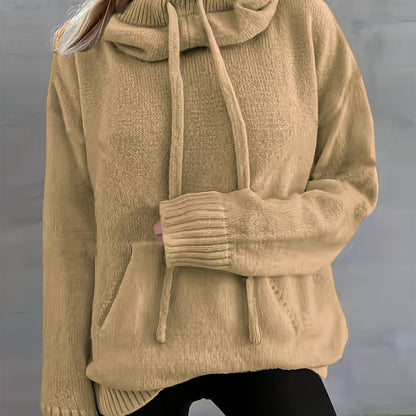 2025 New Autumn And Winter Women'S Casual Versatile Solid Color Drawstring Pocket Hooded Pullover