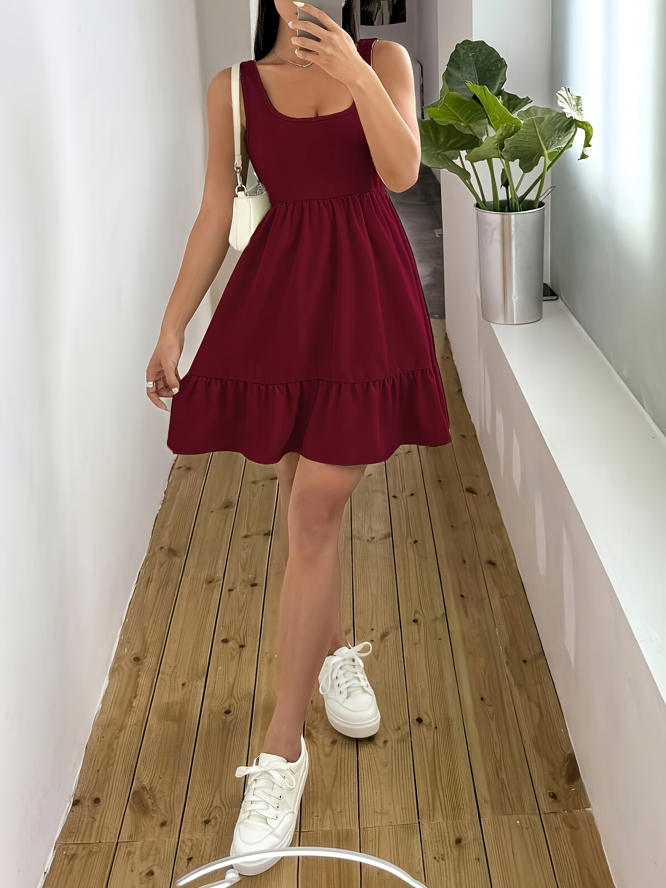 Effortless Tiered Mini Dress for Women with Square Neck Sleeveless Ruffle Hem Casual Style