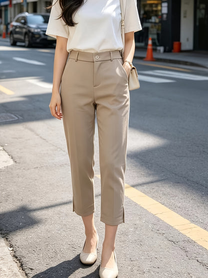 Elegant Tailored Trousers for Women with High Waist Button Front Side Slit Ankle Style