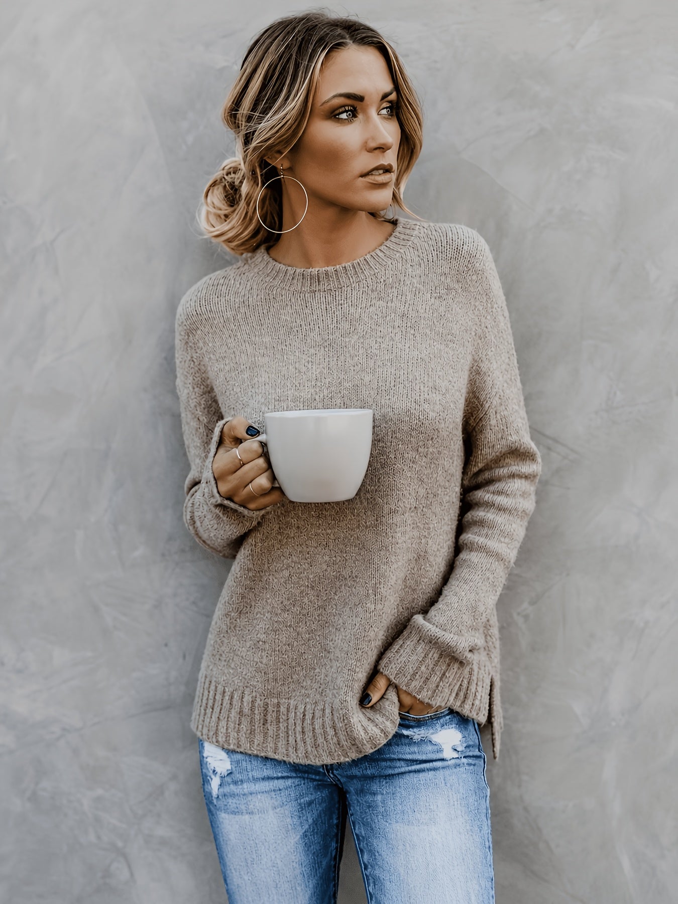 Comfortable Heathered Knit Sweater for Women with Crew Neck Long Sleeve Bell Cuff Oversized Relaxed Style