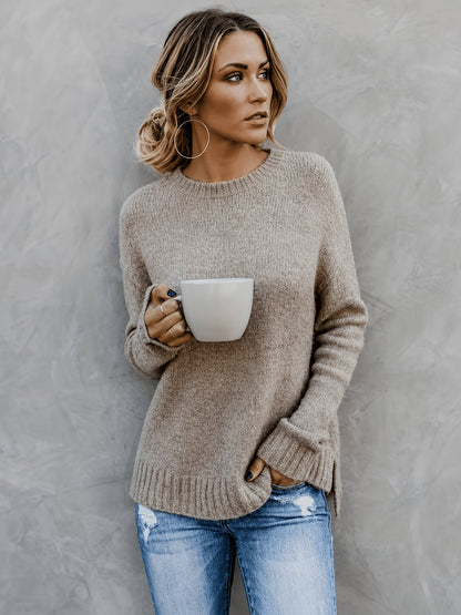 Comfortable Heathered Knit Sweater for Women with Crew Neck Long Sleeve Bell Cuff Oversized Relaxed Style