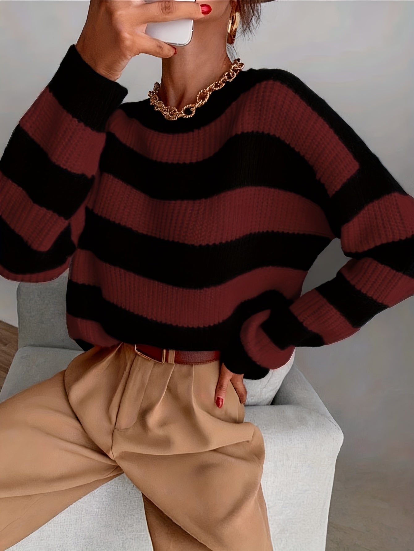 Classic Drop Shoulder Loose Striped Sweater