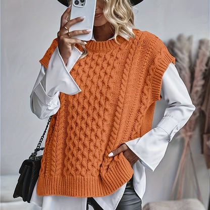 Comfortable Cable Knit Sweater Vest for Women with Crew Neck Sleeveless Chunky Oversized Style