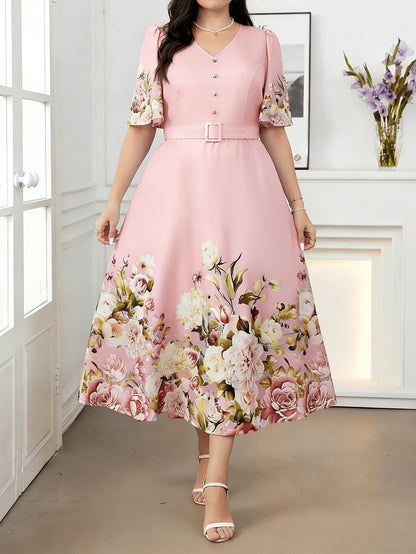 Plus Size, Plus Size Women's Spring/Summer Floral Print Elegant High-Waisted V-Neck Short Sleeve Dress