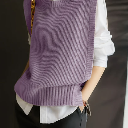 Comfortable Ribbed Sweater Vest for Women with Crew Neck Sleeveless Oversized Knit Style