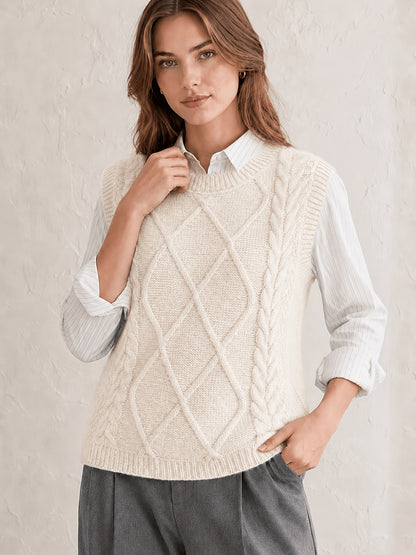 Comfortable Cable Knit Sweater Vest for Women with Crew Neck Sleeveless Relaxed Preppy Style