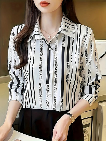 Effortless Striped Chiffon Blouse for Women with Collar Long Sleeve Button Front Relaxed Silky Style