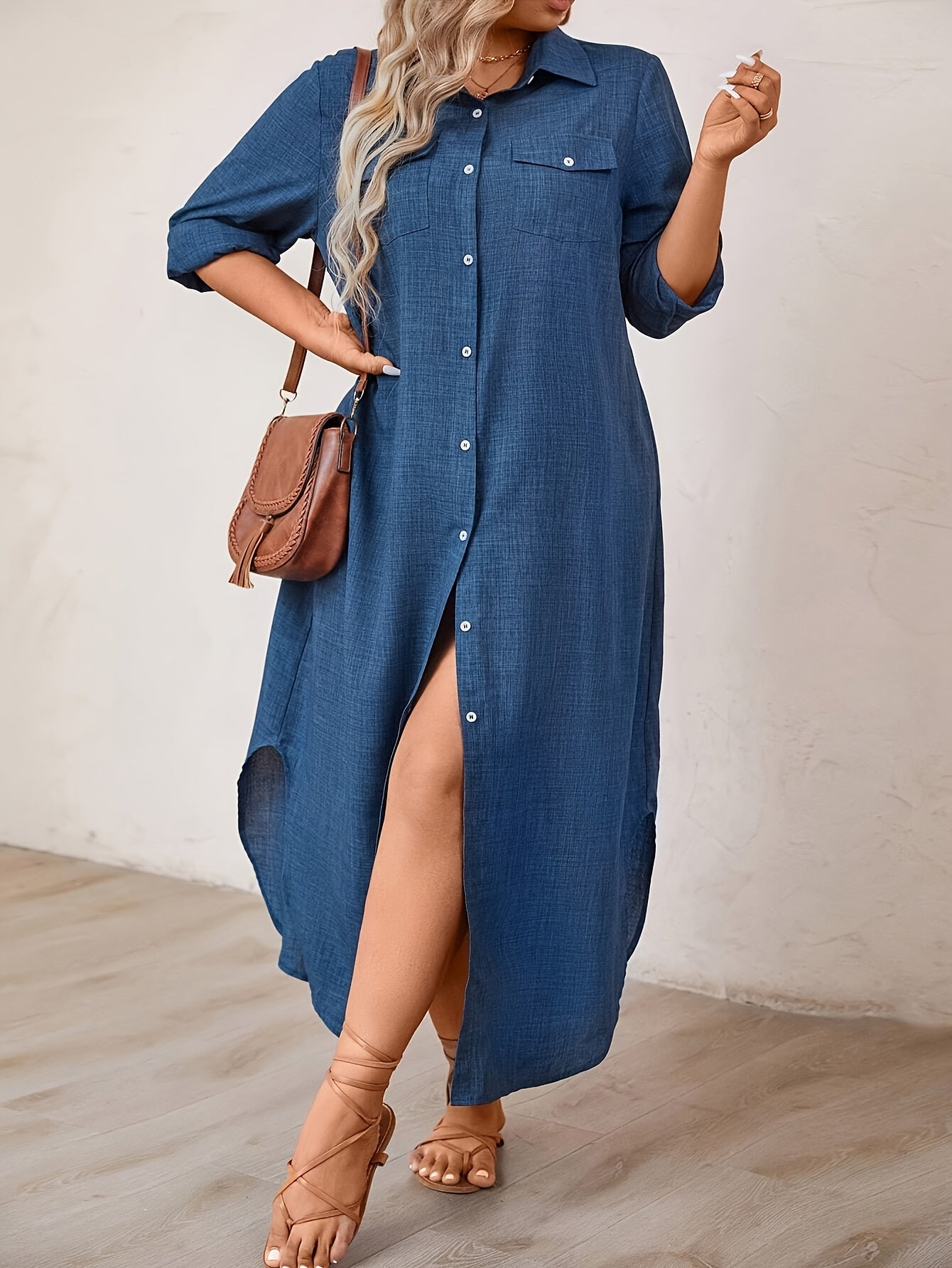 Women'S Plus Size Casual Faux Denim-Style Long Shirt Dress - Button-Up, Loose Fit, Non-Stretch Fabric, Straight Hem, Perfect for Weekend Wear, Casual Summer Dress | Buttonup Dress | Fabric Dress