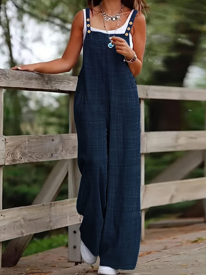 Women's Vacation Wide-Leg Jumpsuit - Sleeveless with Adjustable Buckle Straps, Pockets Included, Machine Washable, Solid Color