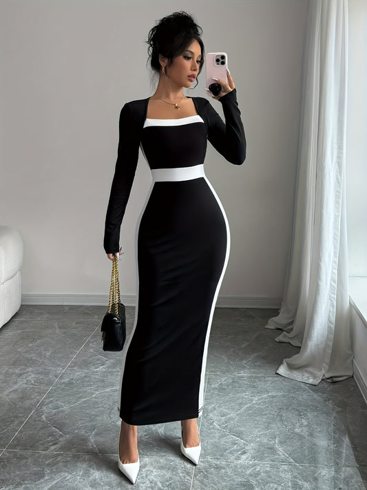 Women's French-Style Square Neck Bodycon Maxi Dress, Black and White Contrast Long Sleeves, 95% Polyester, Material as Described, Suitable for All Seasons, Party/Date/Evening Wear. Please Refer to the Size Guide: Actual Fit May Vary by Body Type