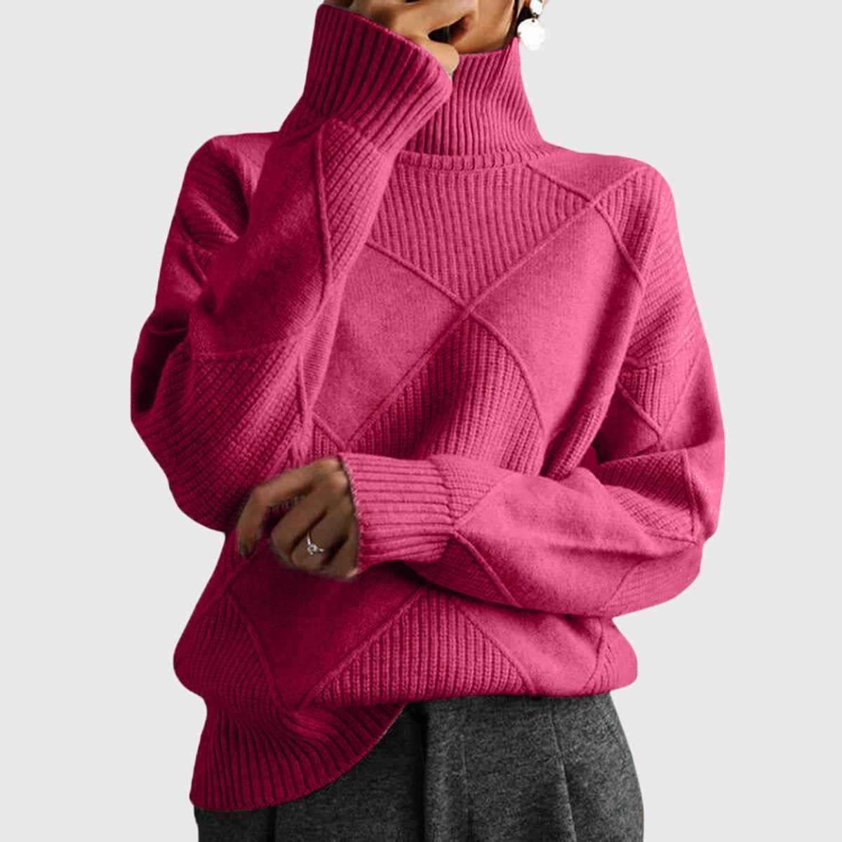 Comfortable Argyle Knit Sweater for Women with Turtleneck Long Sleeve Relaxed Oversized Style