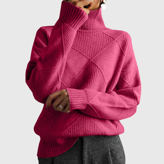 Comfortable Argyle Knit Sweater for Women with Turtleneck Long Sleeve Relaxed Oversized Style