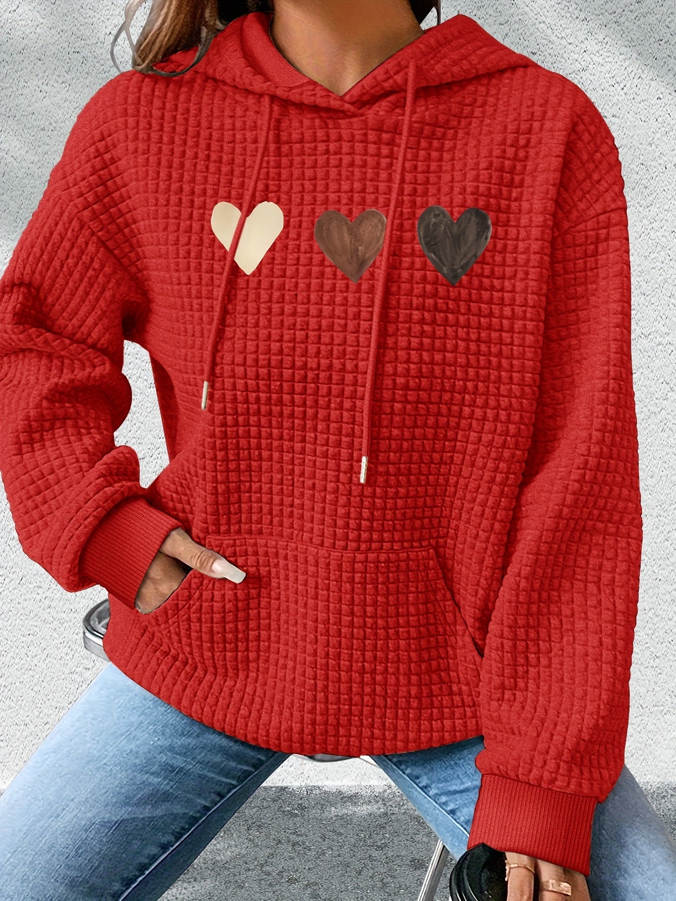 Comfortable Heart Print Waffle Knit Hoodie for Women with Hooded Long Sleeve Kangaroo Pocket Oversized Style
