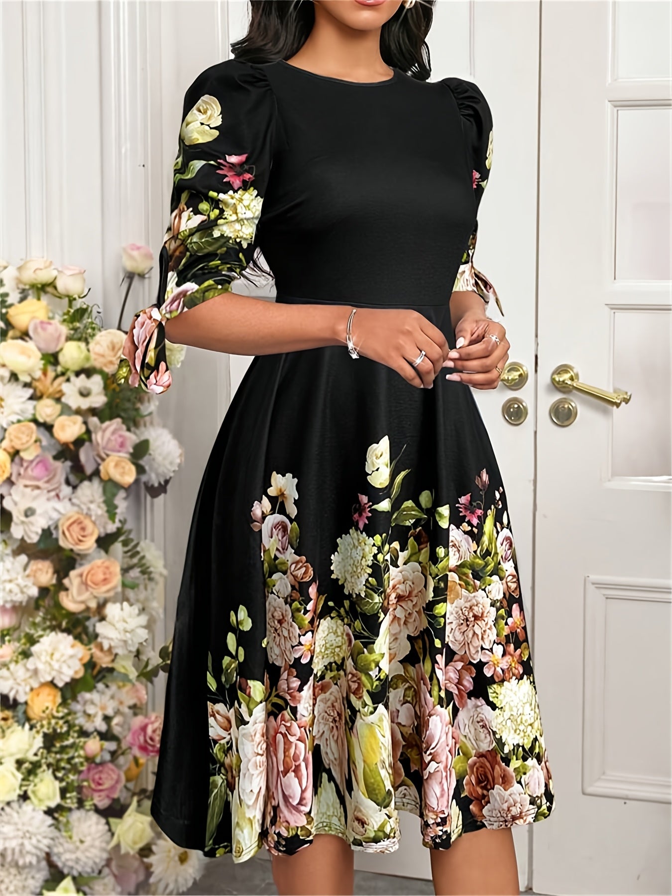 Summer Elegant Orienteering Style Floral Print Round Neck Bubble Short Sleeve Bow Women'S A-Line Dress