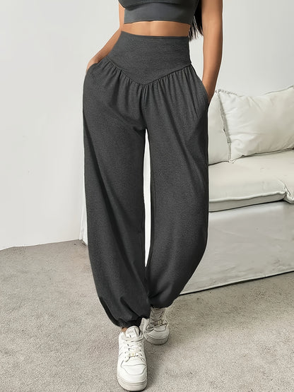 1pc Women'S High-Waist Comfortable Running Pants - Stretchy Soft Wide-Leg Casual Trousers, Suitable for Running And Fitness, Solid Color, All-Season