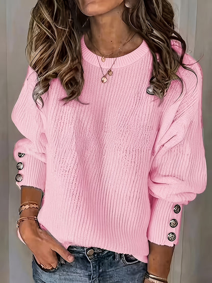 2025 New Style, Women'S Comfortable White Pullover Sweater with Faux Button Details - Long Sleeves, Loose Fit, Ribbed Texture, Perfect for Autumn And Winter, Casual Style, Casual Winter Wear | Relaxed Fit Sweater | Pullover Sweater