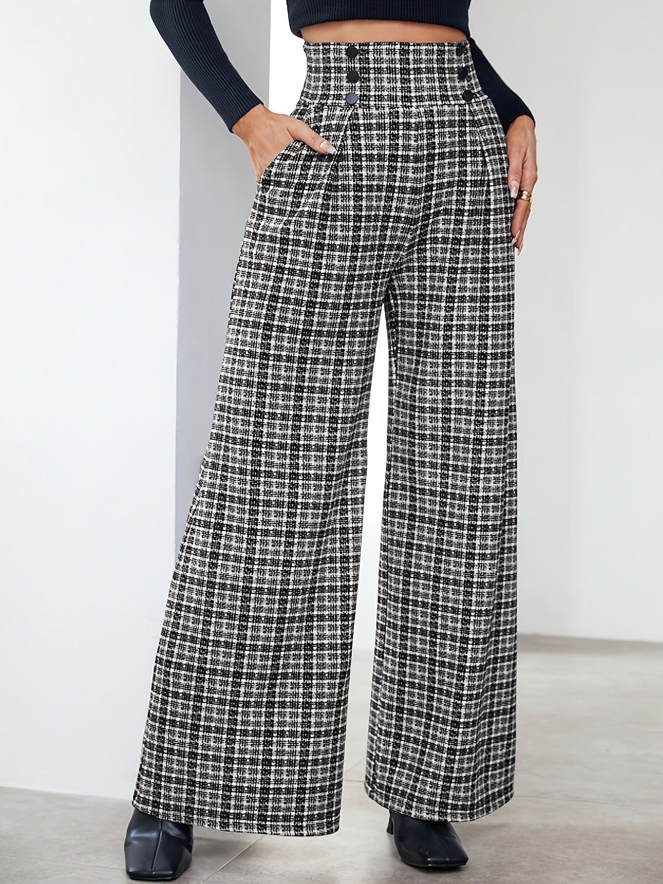 Elegant Plaid Tweed Wide Leg Pants for Women with High Waist Button Front Pleated Relaxed Style