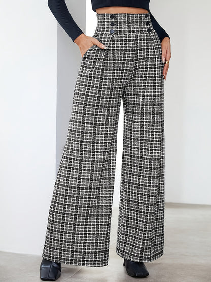 Elegant Plaid Tweed Wide Leg Pants for Women with High Waist Button Front Pleated Relaxed Style