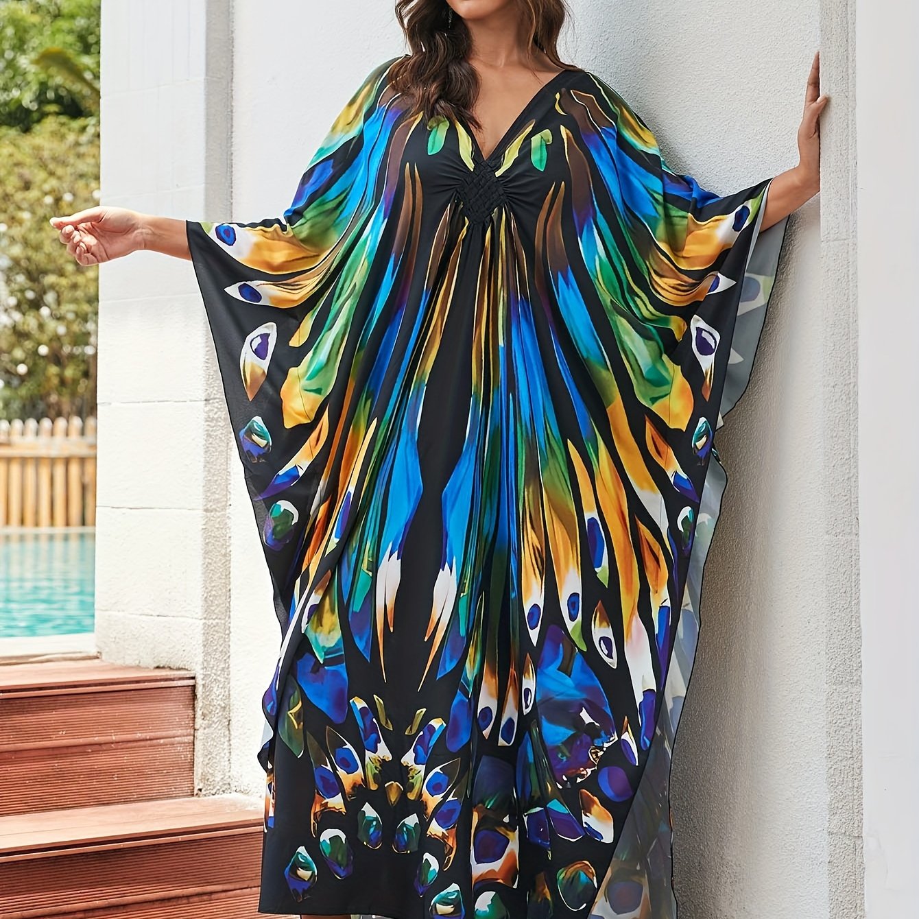 Elegant Multicolor Peacock Print Kaftan Maxi Dress for Women with V Neck Batwing Sleeve Flowing Style