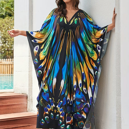 Elegant Multicolor Peacock Print Kaftan Maxi Dress for Women with V Neck Batwing Sleeve Flowing Style