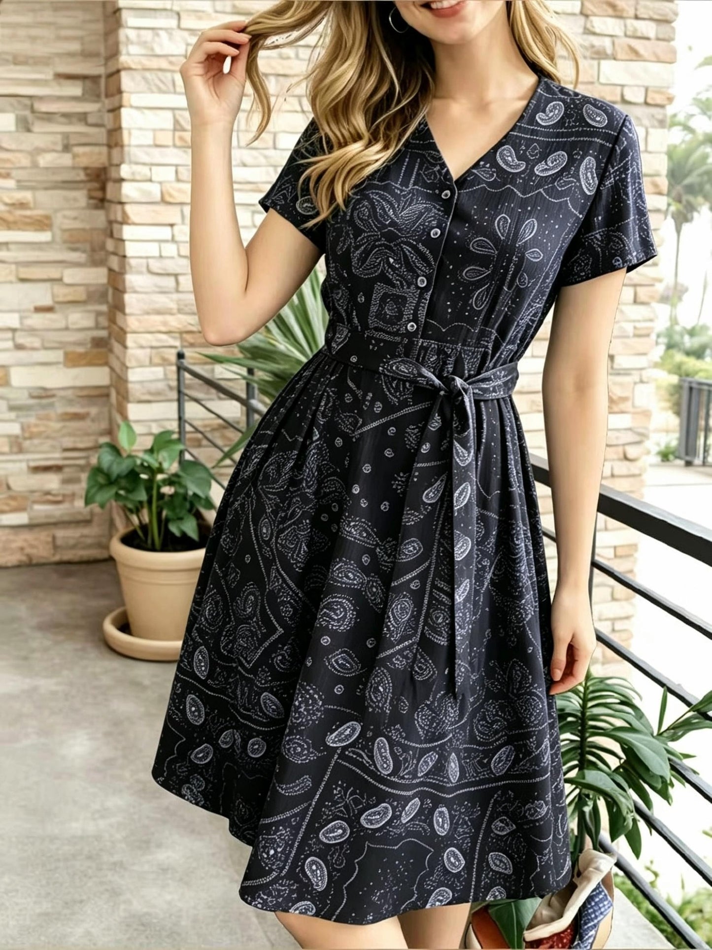 Women's Vintage Blue Print Midi Dress, V-Neck Button Shirt Dress with Pockets & Belt, Casual Commute Vacation Wear for Ladies