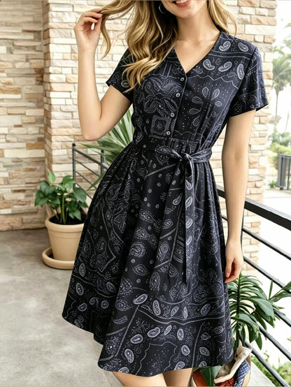 Women's Vintage Blue Print Midi Dress, V-Neck Button Shirt Dress with Pockets & Belt, Casual Commute Vacation Wear for Ladies
