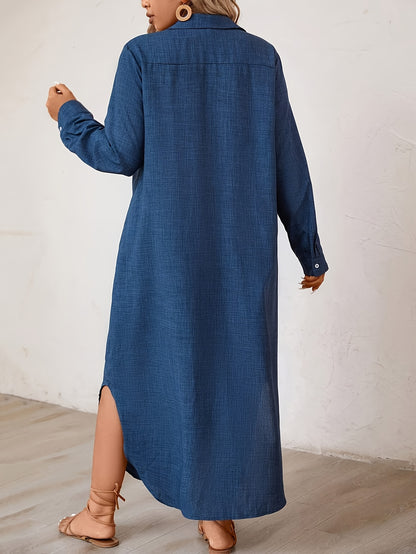 Women'S Plus Size Casual Faux Denim-Style Long Shirt Dress - Button-Up, Loose Fit, Non-Stretch Fabric, Straight Hem, Perfect for Weekend Wear, Casual Summer Dress | Buttonup Dress | Fabric Dress
