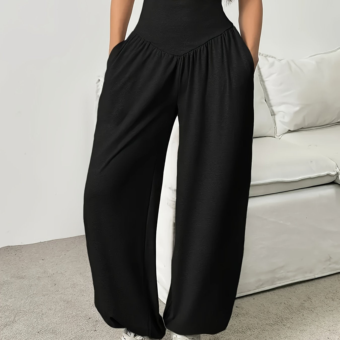 1pc Women'S High-Waist Comfortable Running Pants - Stretchy Soft Wide-Leg Casual Trousers, Suitable for Running And Fitness, Solid Color, All-Season