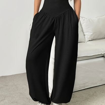 1pc Women'S High-Waist Comfortable Running Pants - Stretchy Soft Wide-Leg Casual Trousers, Suitable for Running And Fitness, Solid Color, All-Season