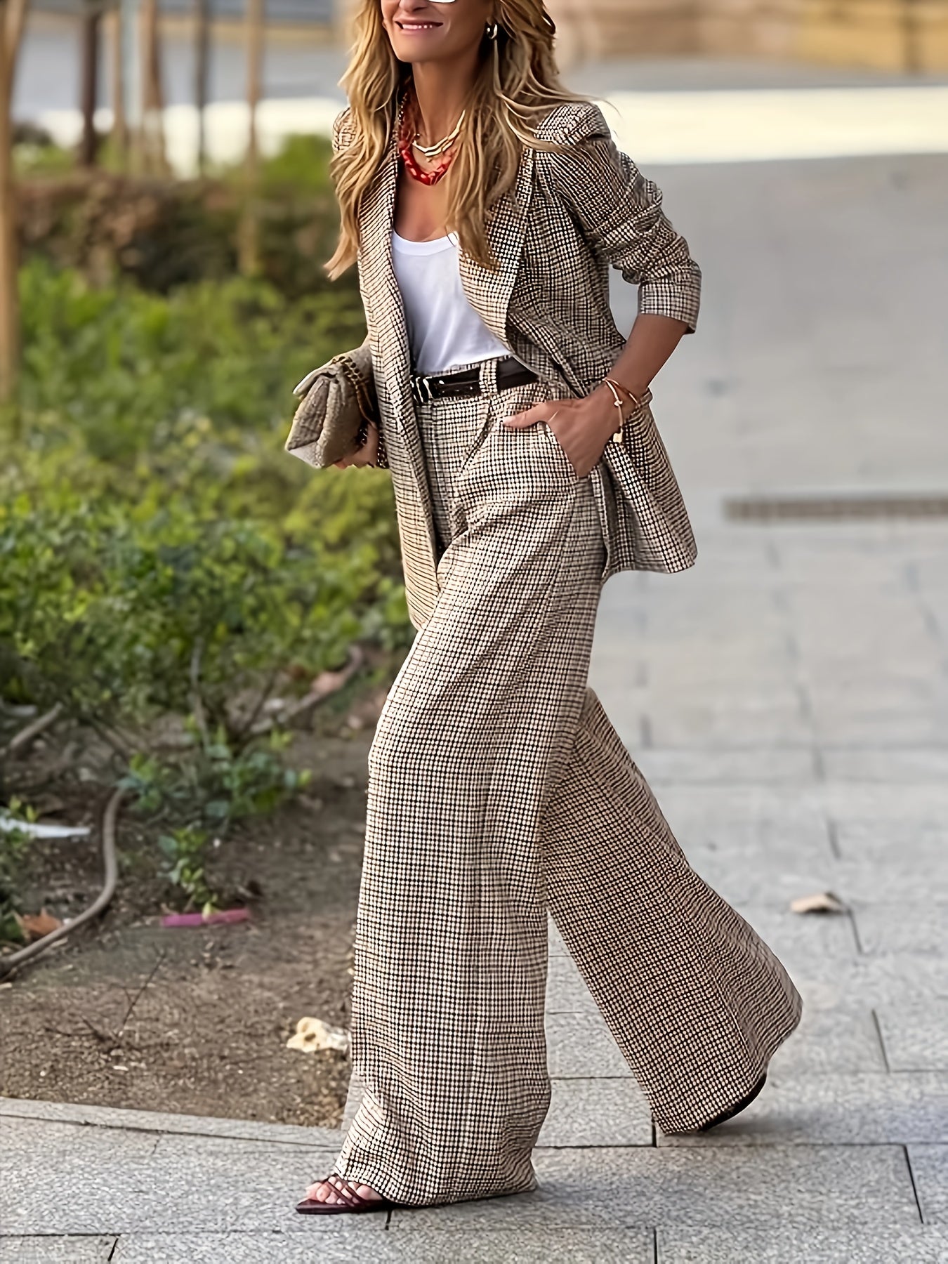 Elegant Plaid Two Piece Set for Women with Lapel Collar Double Breasted Blazer Wide Leg Pant Formal Style