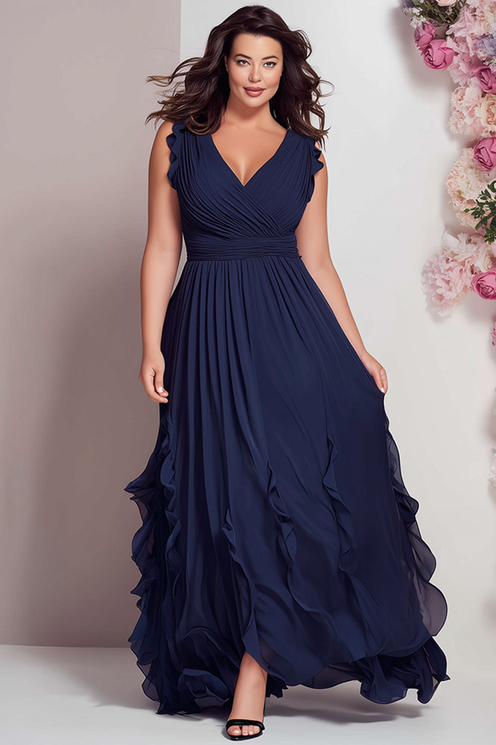 Elegant Navy Blue Maxi Dress for Women with V Neck Ruffle Strap Ruched Waist Flowing Wedding Guest Style