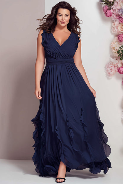 Elegant Navy Blue Maxi Dress for Women with V Neck Ruffle Strap Ruched Waist Flowing Wedding Guest Style