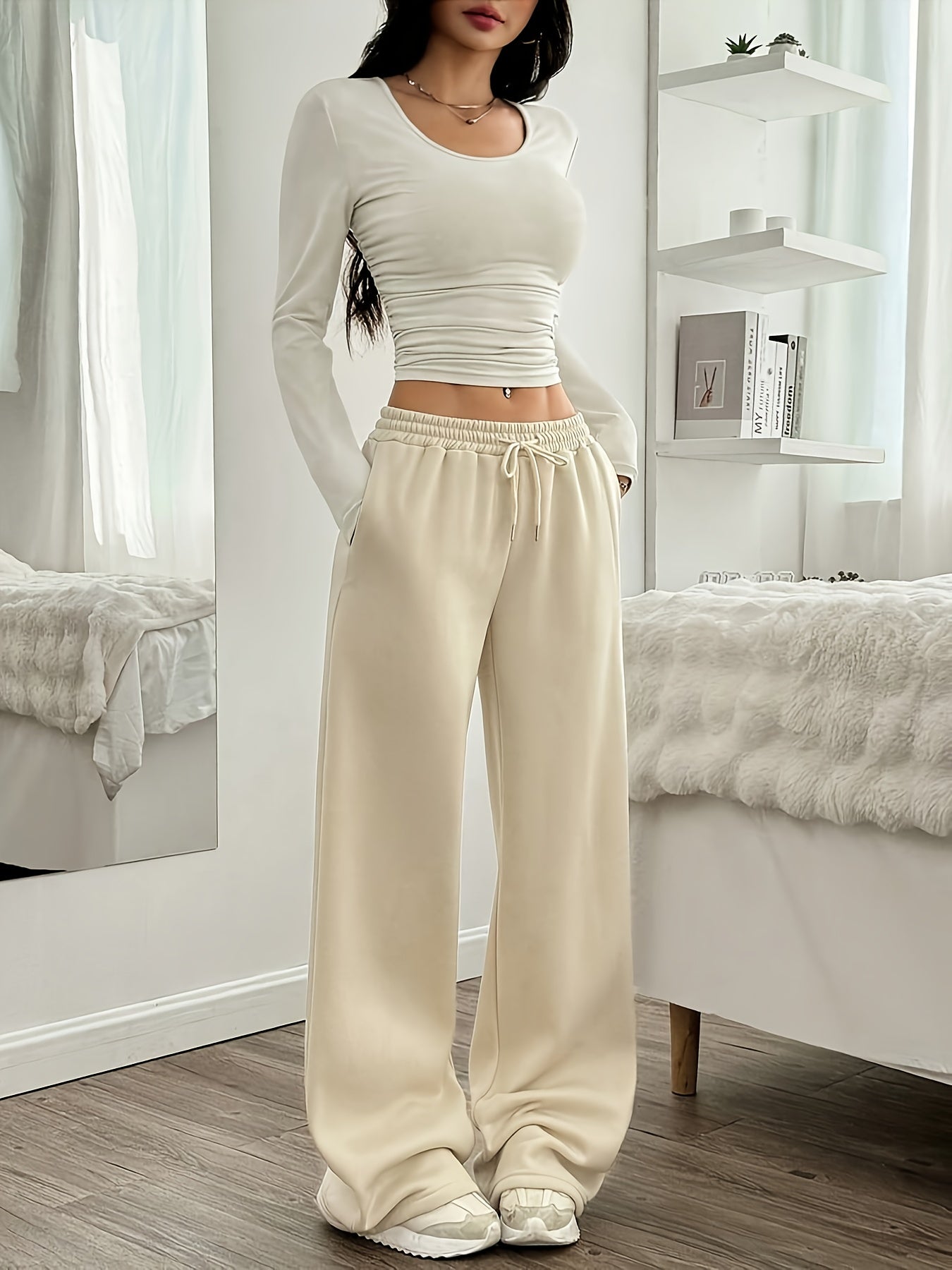 Oriented Elegant Ladies' Trousers Drawstring Pocket Design Solid Color Easy Versatile Sweatpants