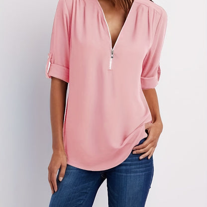 Effortless Zip Front Blouse for Women with V Neck Roll Tab Sleeve Relaxed Tunic Style