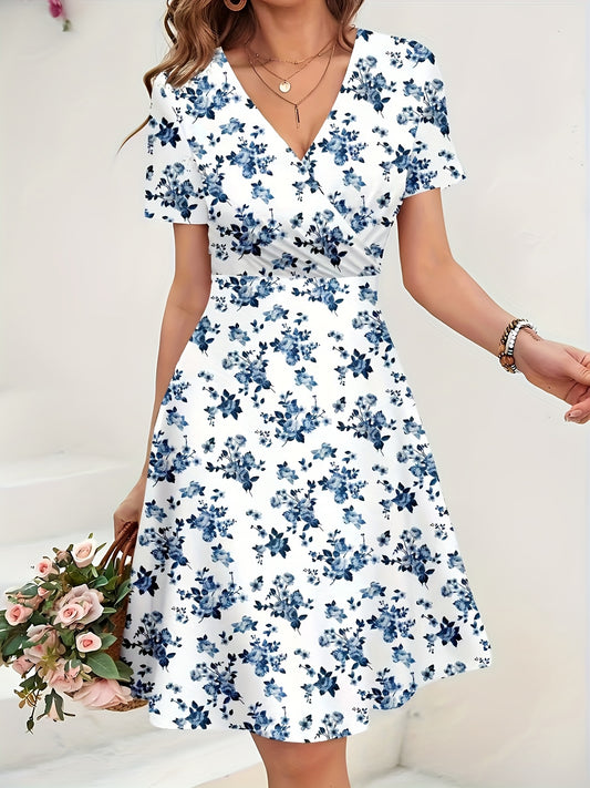 Effortless Blue Floral Midi Dress for Women with V Neck Flutter Sleeve Wrap Fit and Flare Style