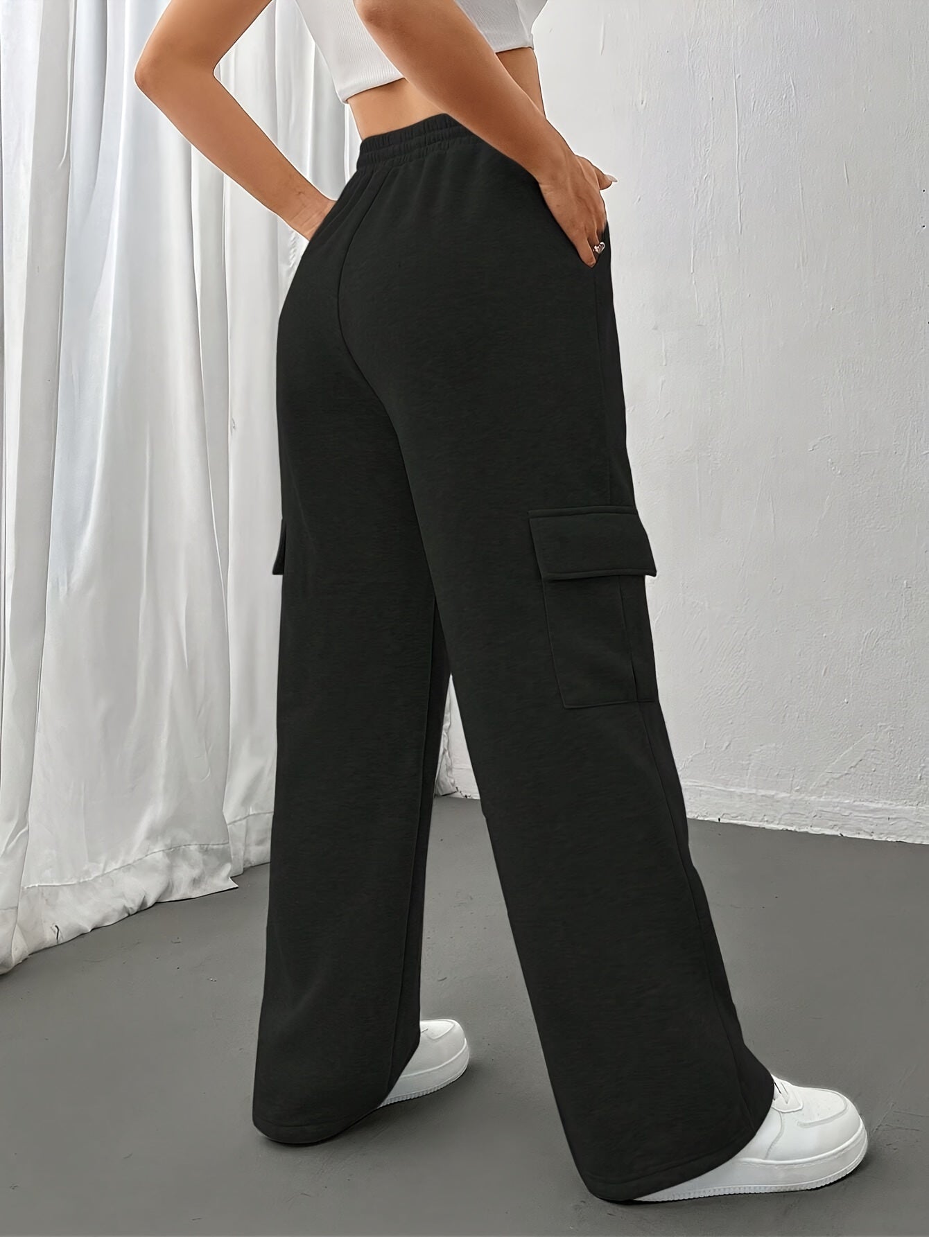 Comfortable Black Cargo Sweatpants for Women with High Waist Drawstring Flap Pocket Wide Leg Relaxed Style