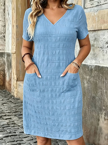 Plus Size Women'S Solid V-Neck Short Sleeve Dress, Pocket Style Summer Casual Dress