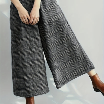 Effortless Plaid Wide Leg Culotte for Women with High Waist Elastic Cropped Relaxed Casual Style