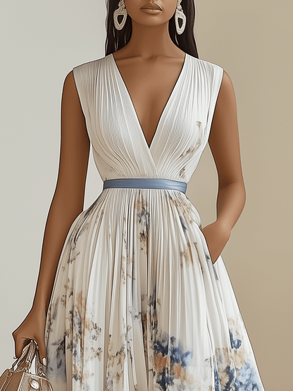Elegant White Tie Dye Midi Dress for Women with V Neck Sleeveless Pleated Wedding Guest Style