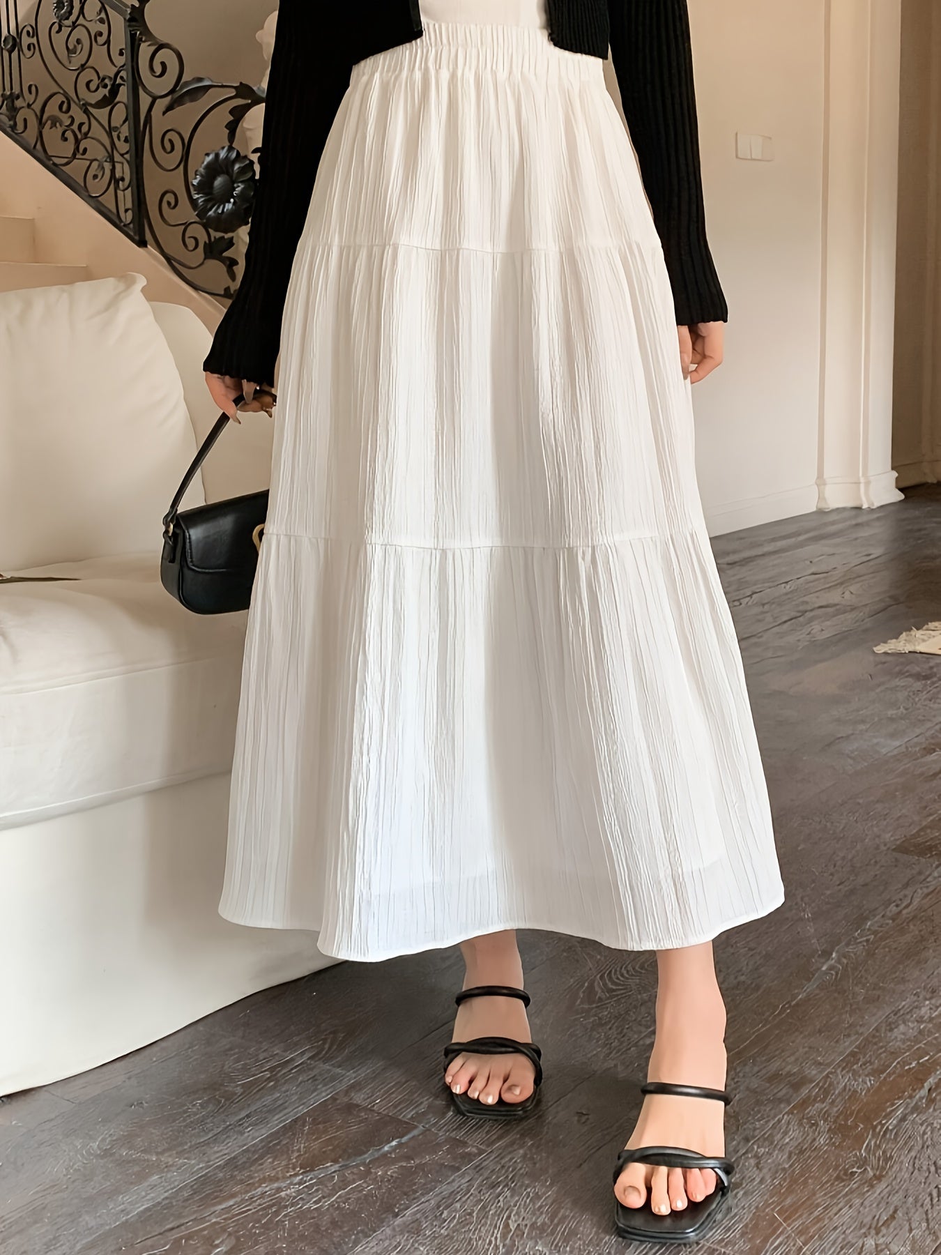 Elegant White Tiered Maxi Skirt for Women with High Waist Elastic A Line Flowing Style