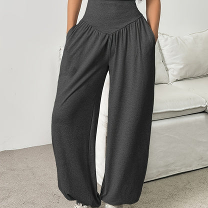 1pc Women'S High-Waist Comfortable Running Pants - Stretchy Soft Wide-Leg Casual Trousers, Suitable for Running And Fitness, Solid Color, All-Season